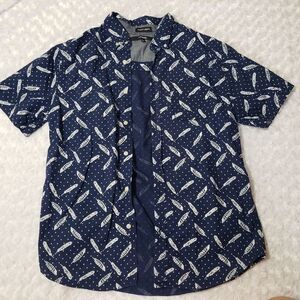 Carbon large longer length blue feather print short sleeve casual button down